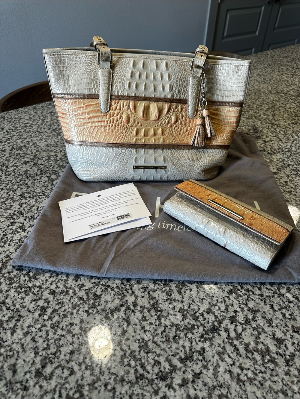 Brahmin Neutral & Tan Croc-Embossed Tote with Tassel and Matching Wallet